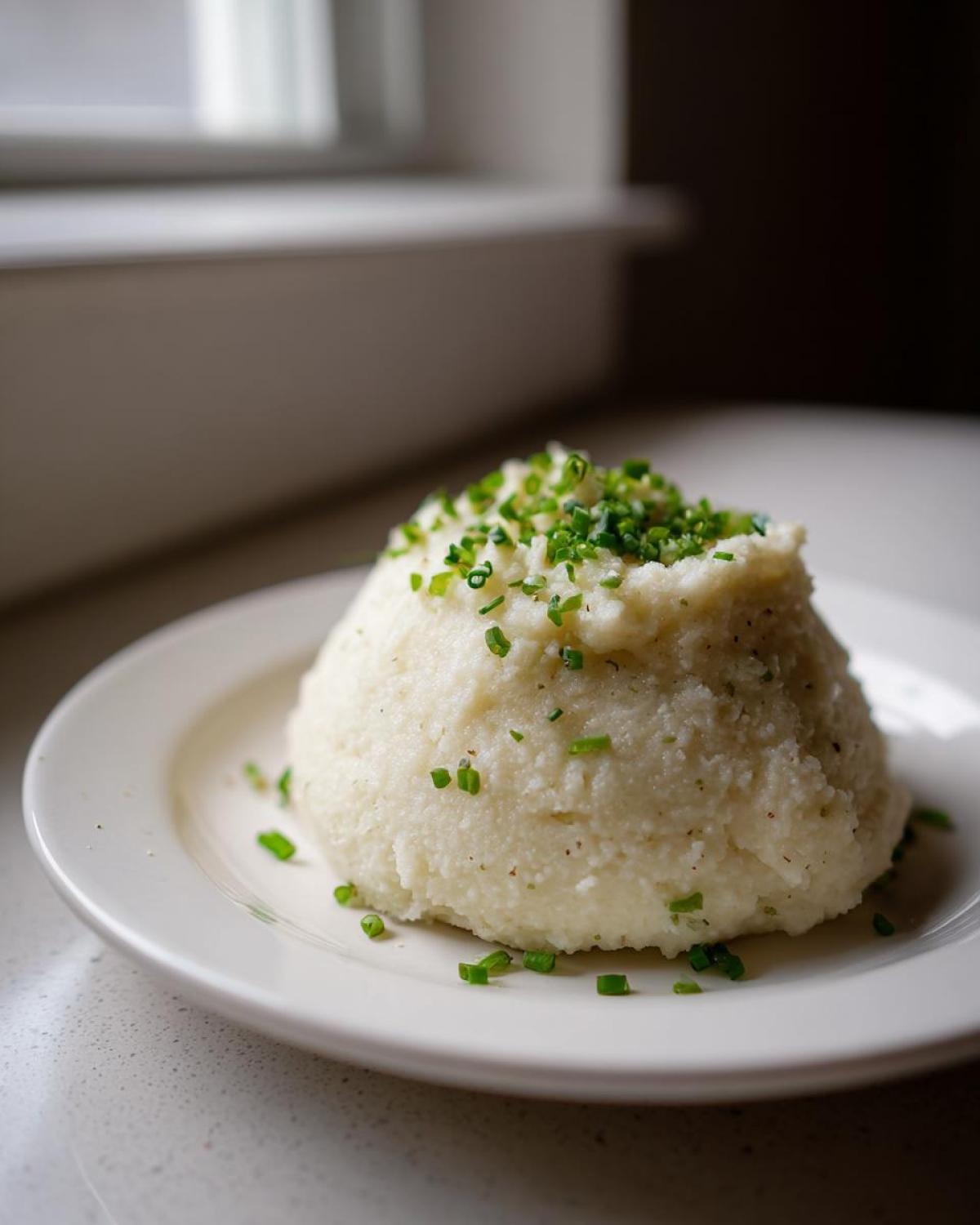 A mound of Creamy Garlic Mashed Cauliflower topped generously with fresh chopped chives on a white plate.