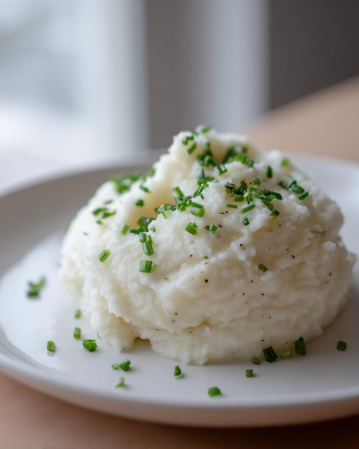 A scoop of fluffy Creamy Garlic Mashed Cauliflower topped with fresh, chopped green chives on a white plate.