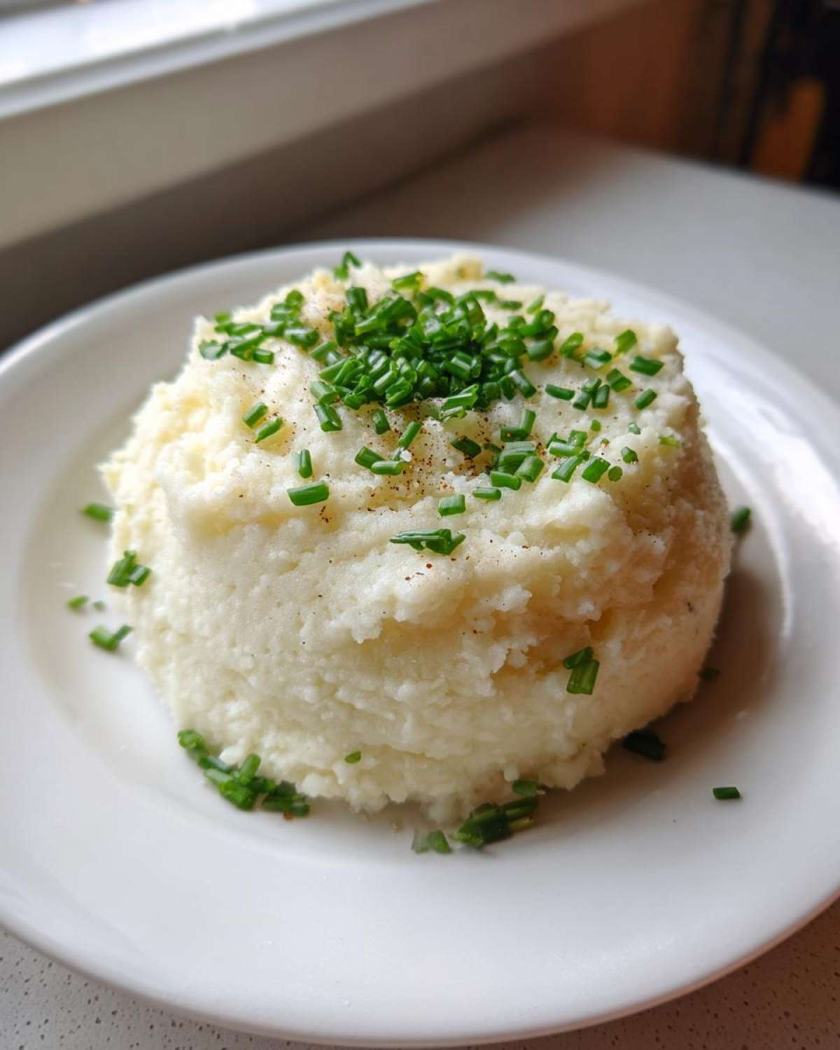 A mound of fluffy Creamy Garlic Mashed Cauliflower topped with fresh chopped chives and black pepper on a white plate.