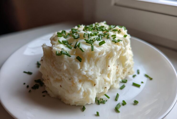 A serving of fluffy Creamy Garlic Mashed Cauliflower topped generously with fresh, chopped green chives on a white plate.