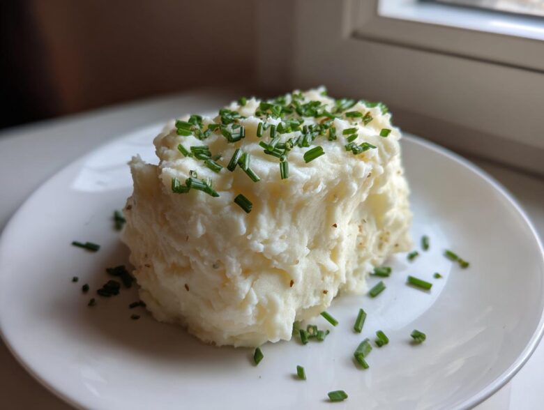 A serving of fluffy Creamy Garlic Mashed Cauliflower topped generously with fresh, chopped green chives on a white plate.