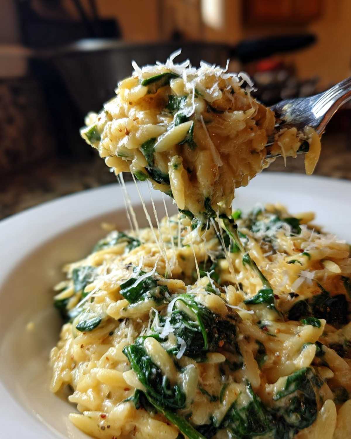 A fork lifts a bite of creamy garlic parmesan orzo with spinach, showing dramatic cheese pulls.