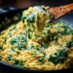 A wooden spoon lifting a serving of creamy garlic parmesan orzo with spinach, topped with grated cheese.