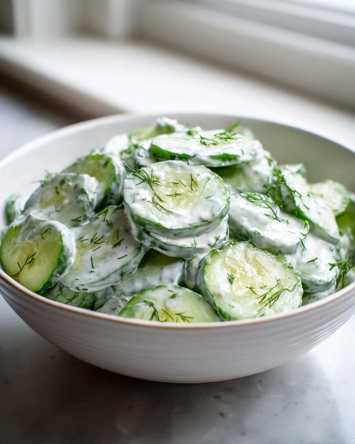 A white bowl filled with slices of Creamy German Cucumber Salad coated in a white dressing and sprinkled with fresh dill.