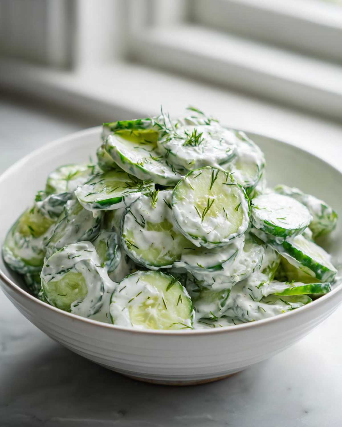 A white bowl filled with slices of Creamy German Cucumber Salad coated in a white dressing and topped with fresh dill.