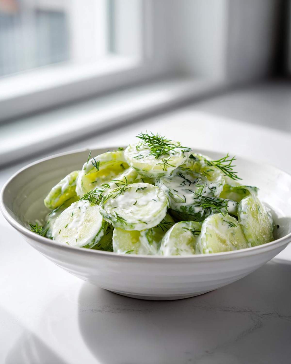 A white bowl filled with slices of Creamy German Cucumber Salad tossed in a white dressing and topped with fresh dill.