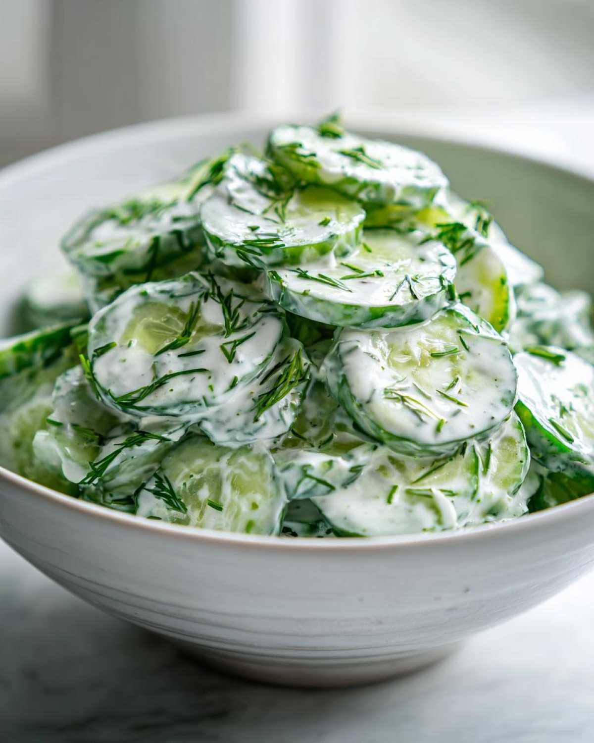 A close-up of sliced cucumbers coated in a white, creamy dressing and fresh dill, representing Creamy German Cucumber Salad.