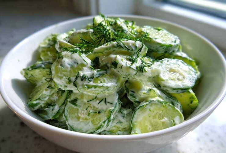 A white bowl filled with slices of Creamy German Cucumber Salad coated in a white dressing and topped with fresh dill.