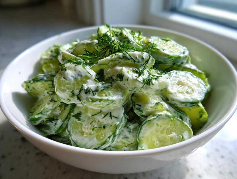 A white bowl filled with slices of Creamy German Cucumber Salad coated in a white dressing and topped with fresh dill.