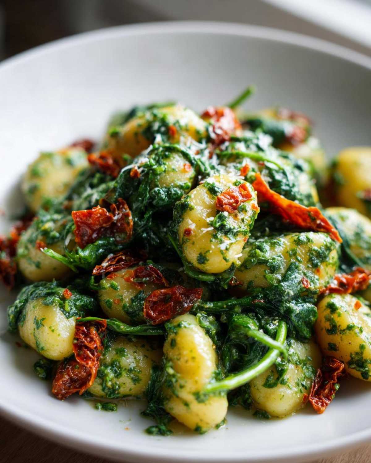 A close-up shot of fluffy gnocchi coated in vibrant green pesto sauce, mixed with spinach and sun-dried tomatoes, representing Creamy Pesto Gnocchi.