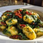 A close-up of fluffy gnocchi coated in a vibrant green creamy pesto sauce, mixed with spinach and sun-dried tomatoes.