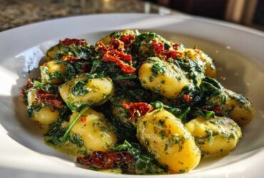 A close-up of fluffy gnocchi coated in a vibrant green creamy pesto sauce, mixed with spinach and sun-dried tomatoes.