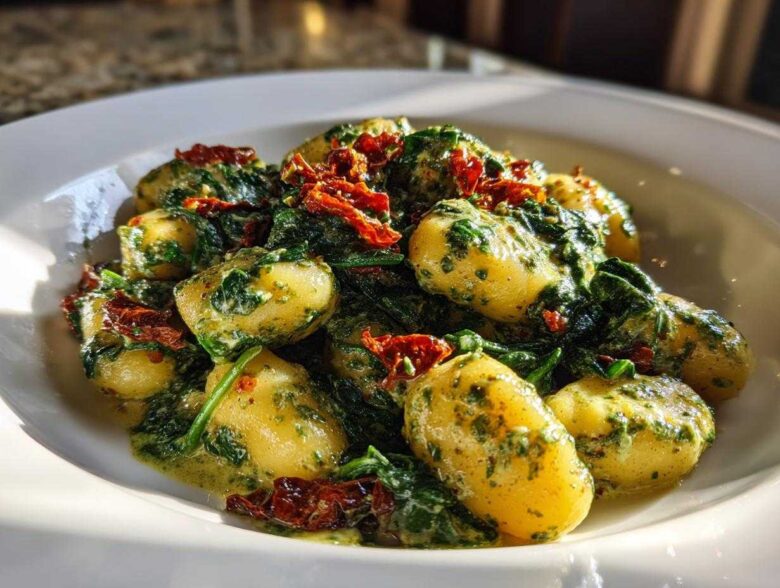 A close-up of fluffy gnocchi coated in a vibrant green creamy pesto sauce, mixed with spinach and sun-dried tomatoes.