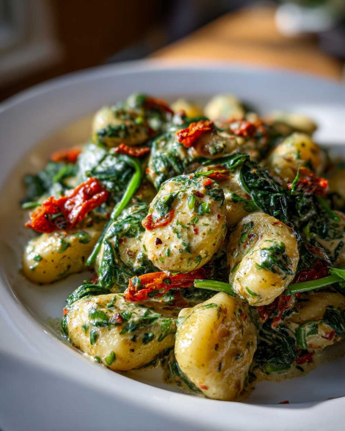 Close-up of plump gnocchi coated in a creamy pesto sauce with wilted spinach and sun-dried tomatoes, a perfect Creamy Pesto Gnocchi dish.