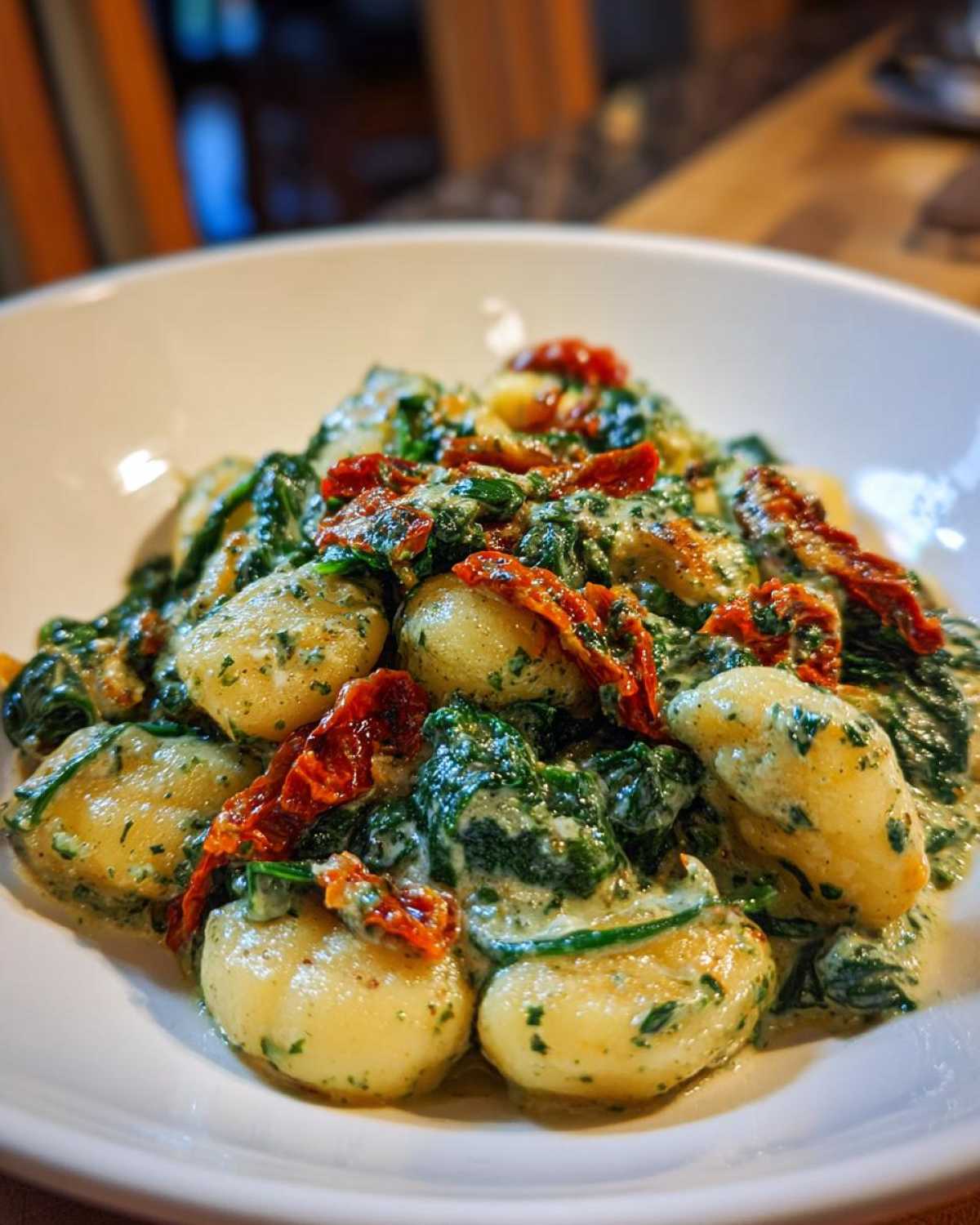 A close-up view of plump gnocchi coated in a creamy pesto sauce with spinach and sun-dried tomatoes, served in a white bowl.