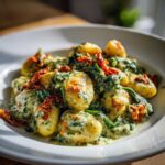 A close-up, appetizing shot of Creamy Pesto Gnocchi mixed with spinach and topped with sun-dried tomatoes in a white bowl.