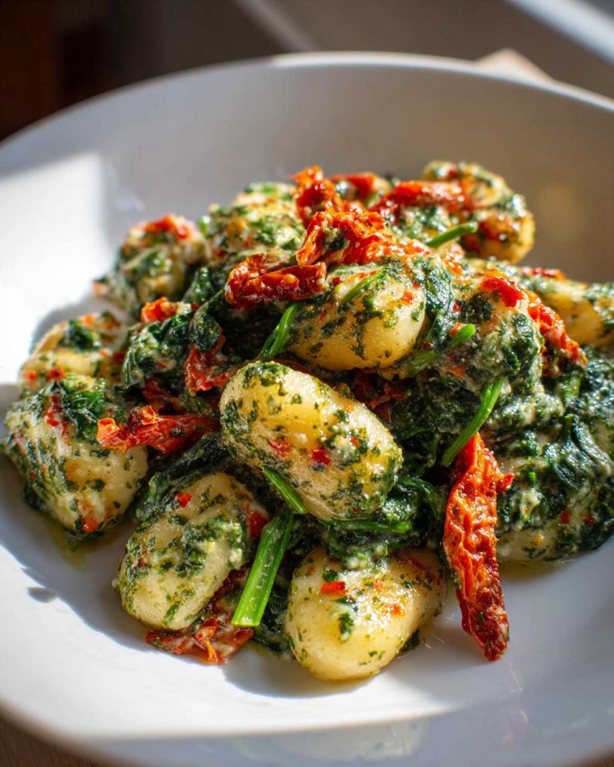 Close-up of plump gnocchi coated in a creamy pesto sauce with spinach and sun-dried tomatoes, part of the Creamy Pesto Gnocchi recipe.