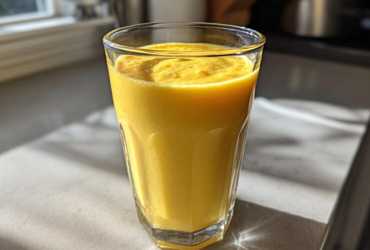 A tall glass filled with a vibrant, creamy yellow Pineapple Coconut Smoothie sitting on a countertop in bright sunlight.