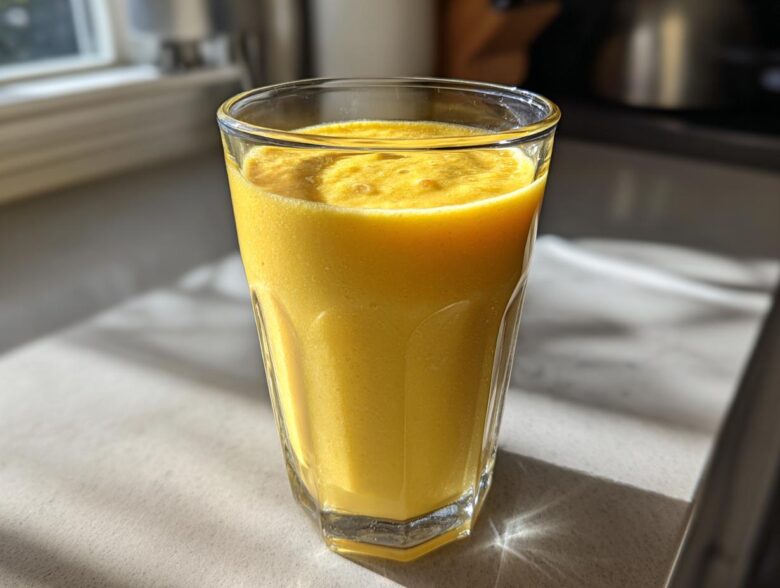 A tall glass filled with a vibrant, creamy yellow Pineapple Coconut Smoothie sitting on a countertop in bright sunlight.