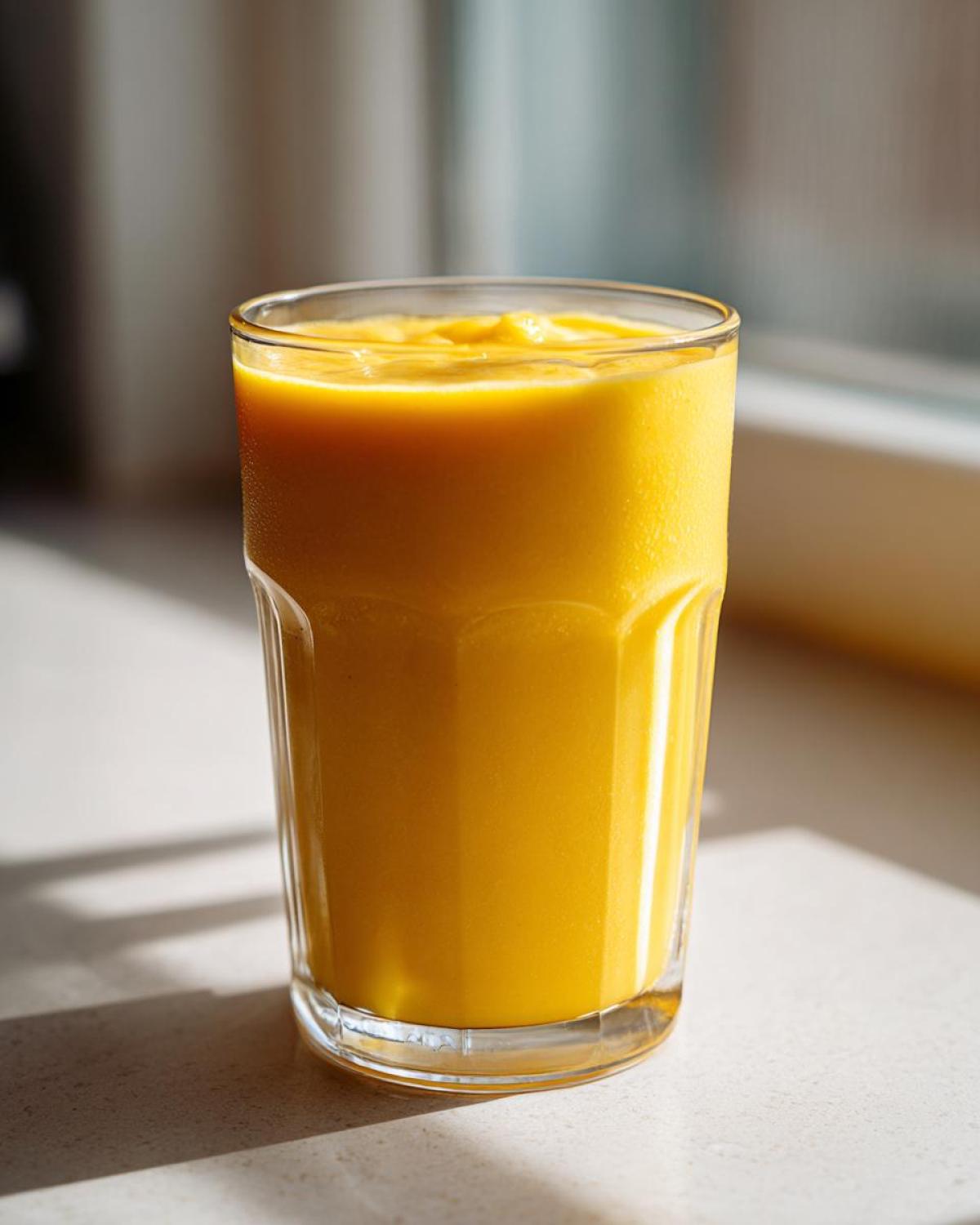 A tall glass filled with a thick, vibrant yellow Pineapple Coconut Smoothie sitting on a light countertop.