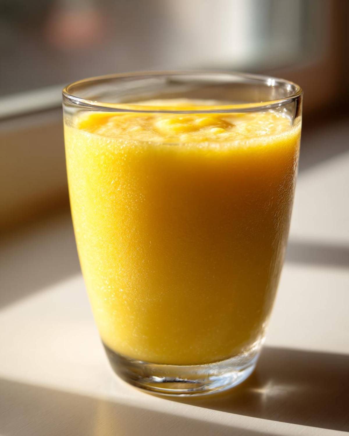 A vibrant, thick, yellow Pineapple Coconut Smoothie served in a clear glass, backlit by sunlight.