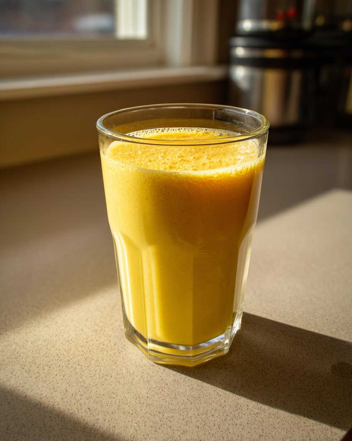 A tall glass filled with a vibrant yellow Pineapple Coconut Smoothie sitting on a kitchen counter in bright sunlight.