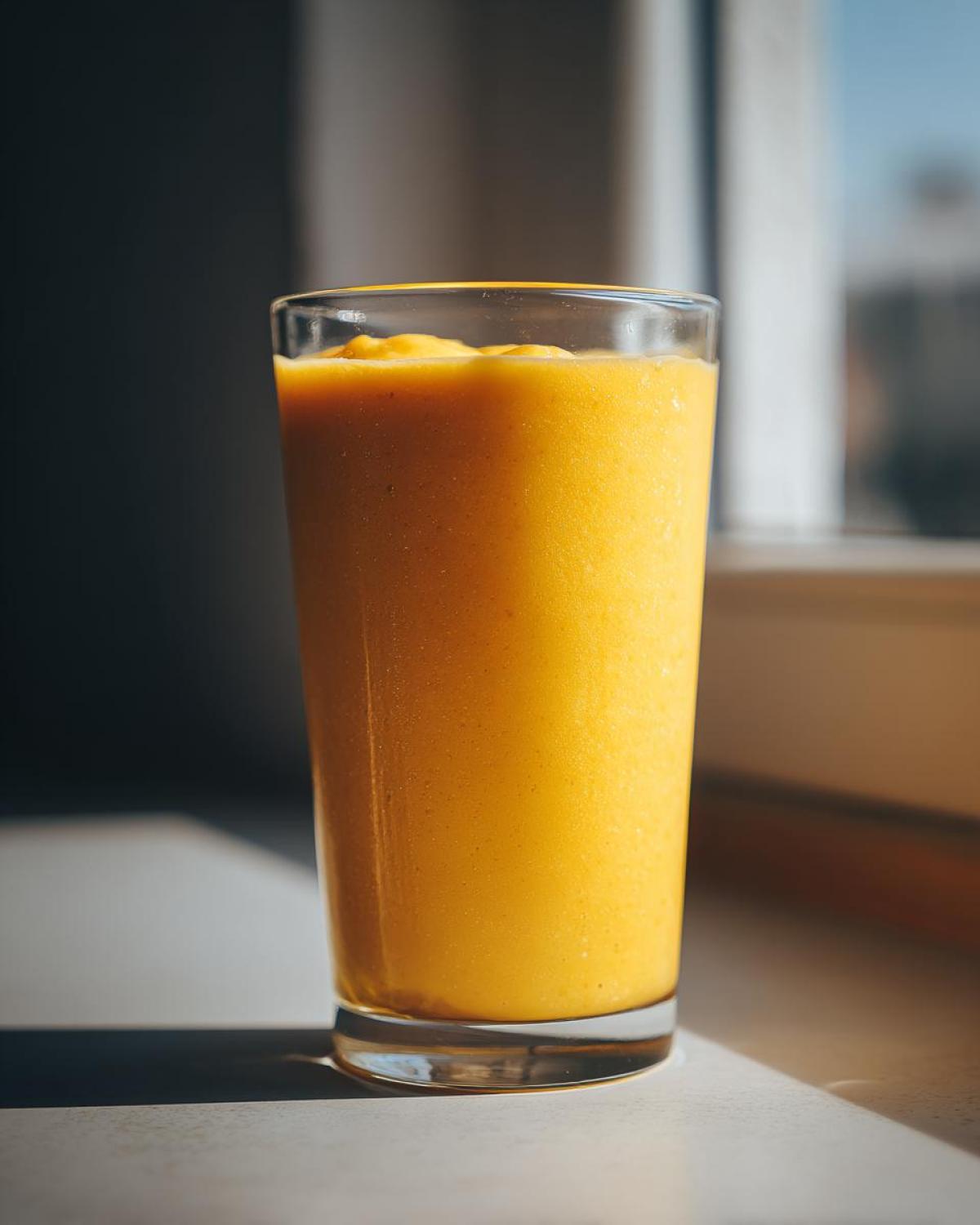 A tall glass filled with a thick, vibrant orange Pineapple Coconut Smoothie, sitting near a window.