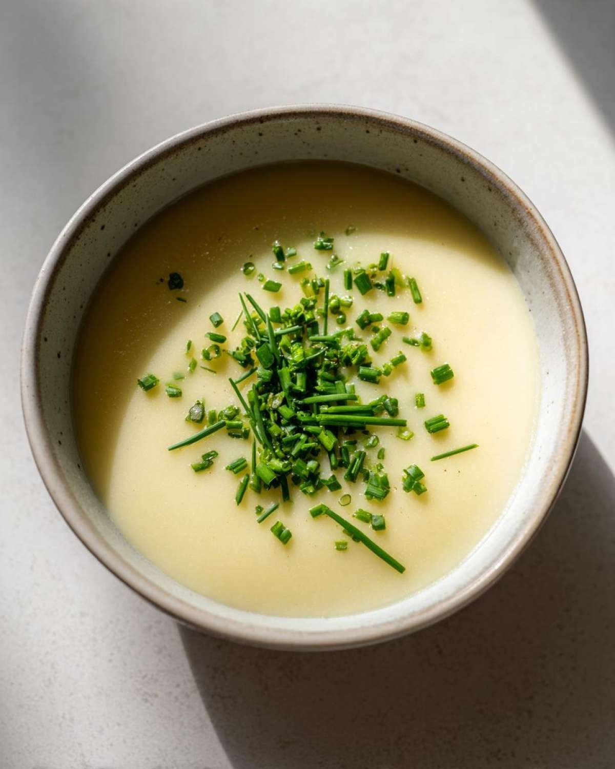 Overhead view of a bowl of smooth, creamy potato leek soup topped generously with fresh, chopped chives.