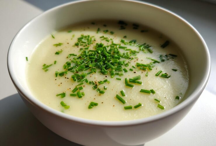 Close-up of a white bowl filled with smooth Creamy Potato Leek Soup, topped with fresh chopped chives and pepper.