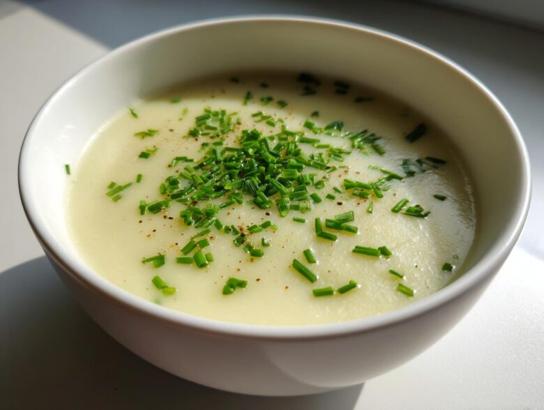 Close-up of a white bowl filled with smooth Creamy Potato Leek Soup, topped with fresh chopped chives and pepper.