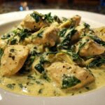 Close-up of tender chicken pieces in a rich, creamy sauce with spinach and artichoke hearts from the Creamy Spinach Artichoke Chicken Skillet.