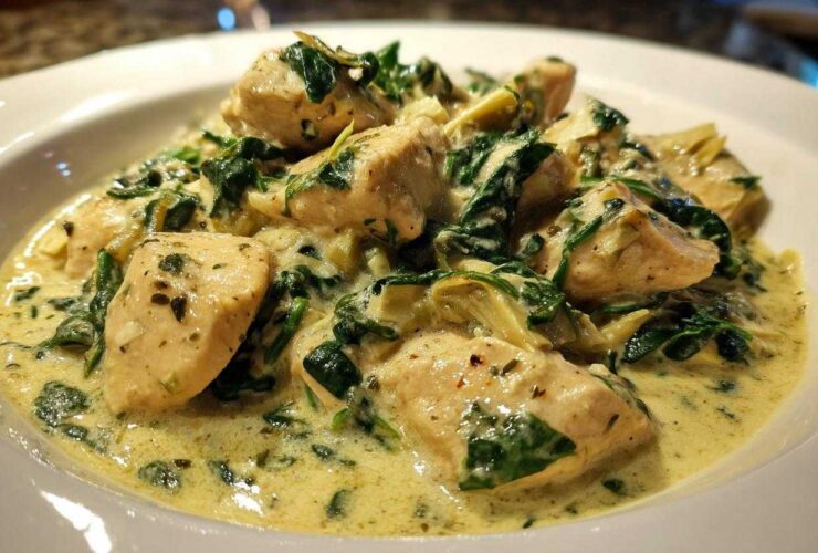 Close-up of tender chicken pieces in a rich, creamy sauce with spinach and artichoke hearts from the Creamy Spinach Artichoke Chicken Skillet.