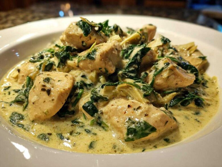 Close-up of tender chicken pieces in a rich, creamy sauce with spinach and artichoke hearts from the Creamy Spinach Artichoke Chicken Skillet.