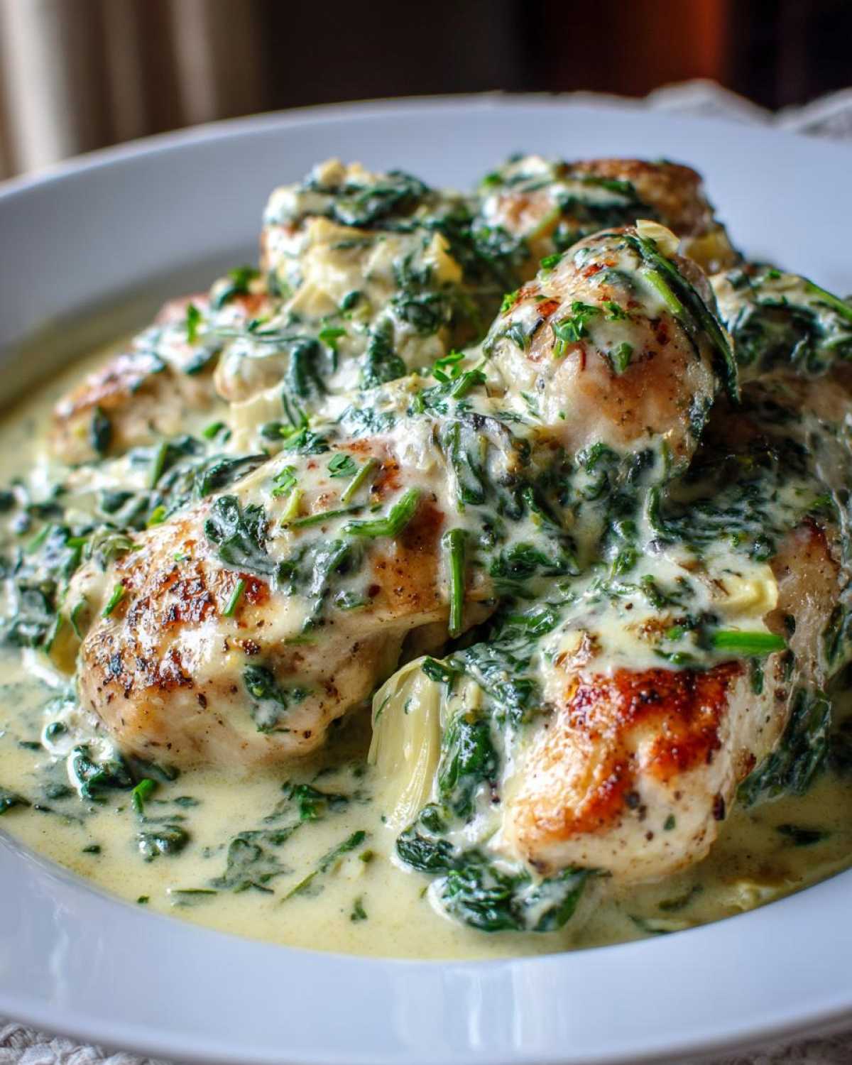 Close-up of seared chicken breasts smothered in a rich, creamy spinach artichoke sauce, part of the Creamy Spinach Artichoke Chicken Skillet.