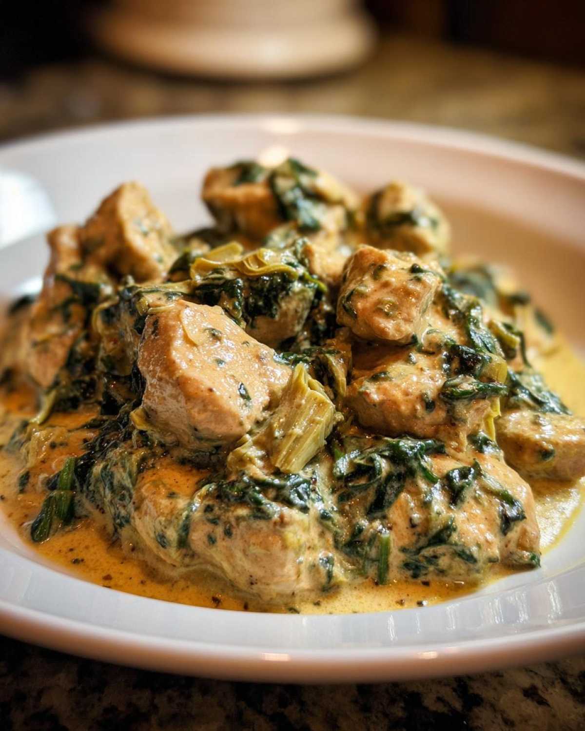 Close-up of chunks of chicken smothered in a rich, creamy sauce with spinach and artichoke hearts for Creamy Spinach Artichoke Chicken Skillet.