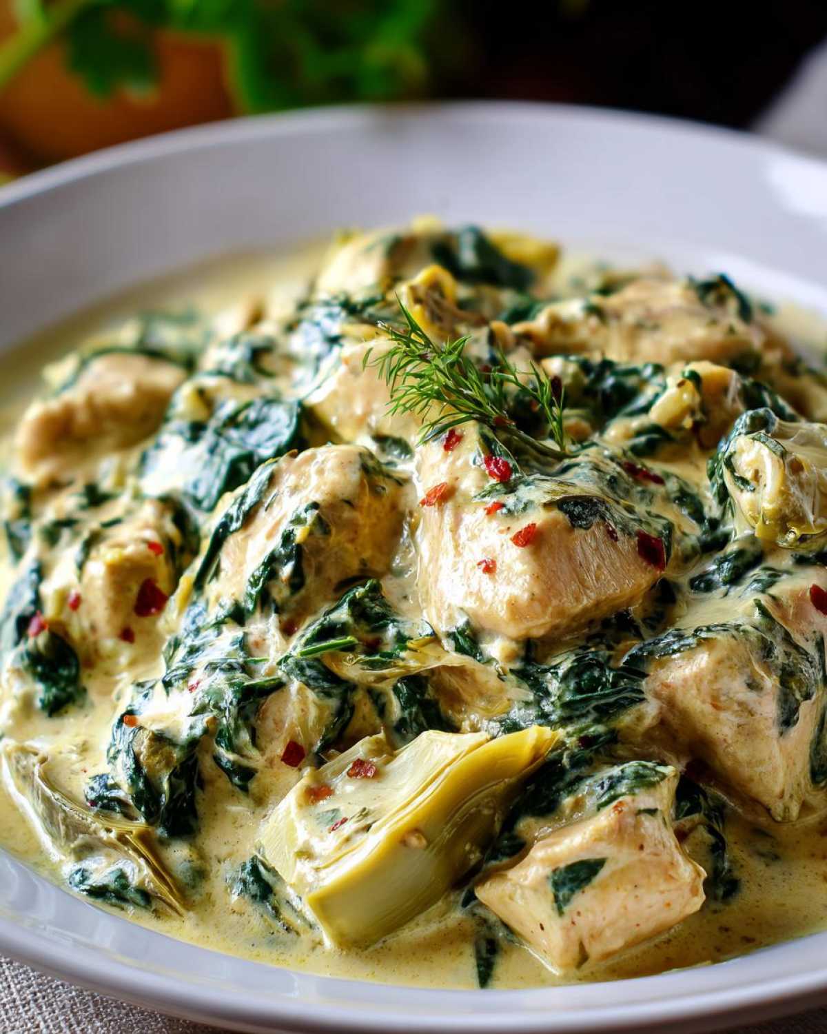 Close-up of chunks of chicken coated in a rich, creamy sauce with spinach and artichoke hearts from the Creamy Spinach Artichoke Chicken Skillet.