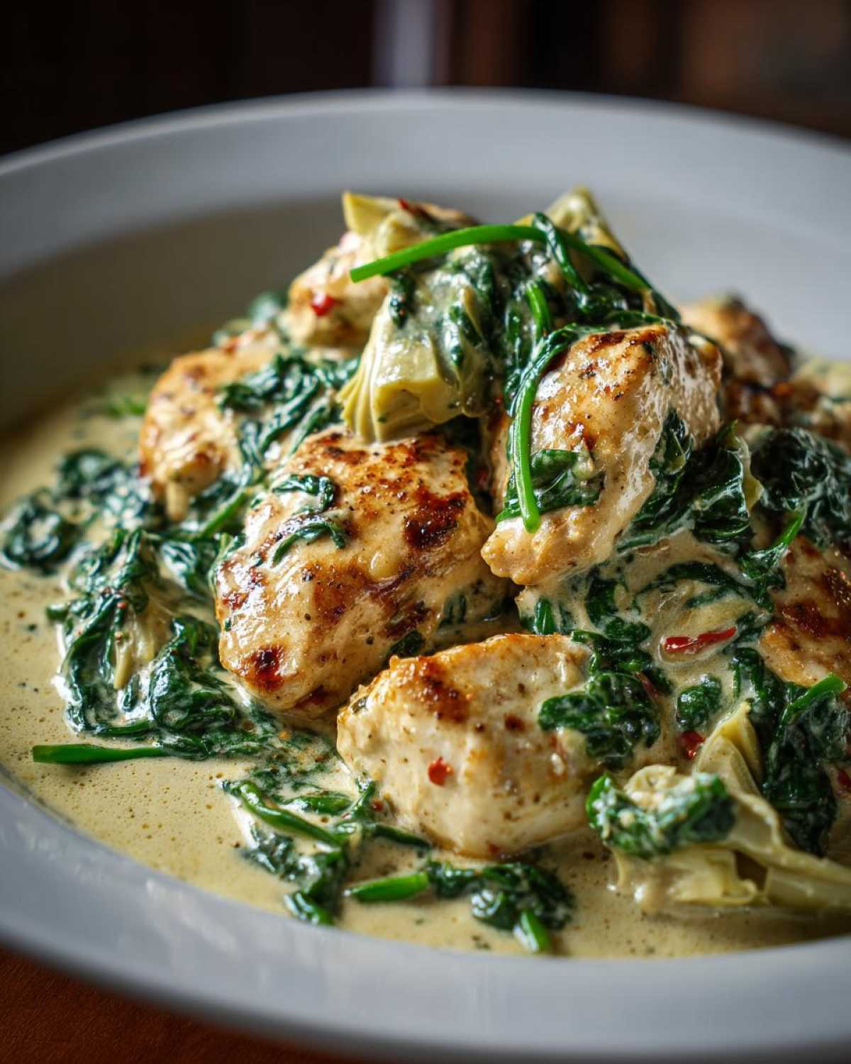 Close-up of seared chicken pieces covered in a creamy sauce with spinach and artichoke hearts, part of the Creamy Spinach Artichoke Chicken Skillet.