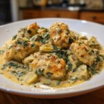 Close-up of tender chicken pieces smothered in a rich, creamy spinach artichoke sauce in a white bowl.