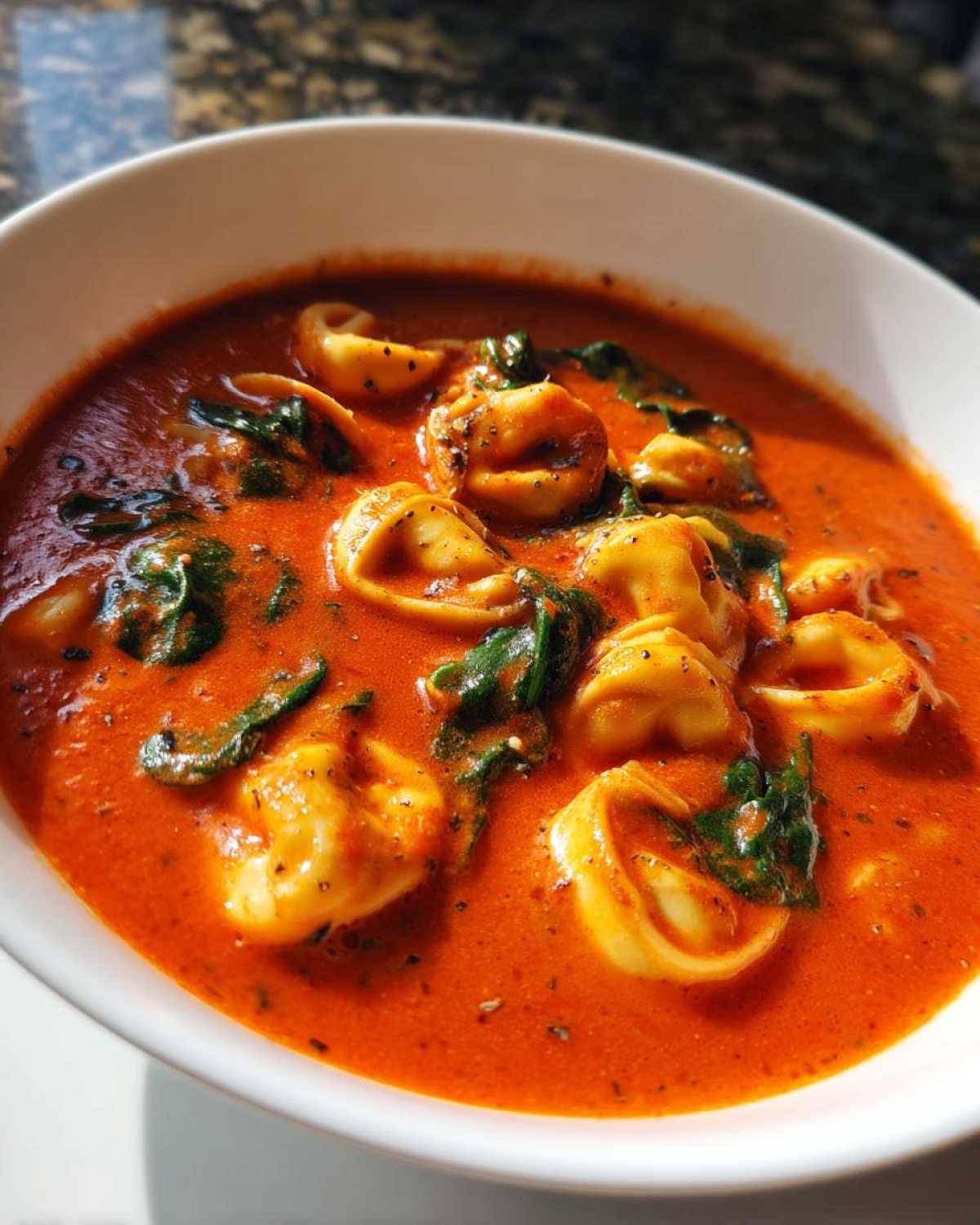 Close-up of a white bowl filled with vibrant Creamy Tomato Tortellini Soup, featuring cheese tortellini and wilted spinach.