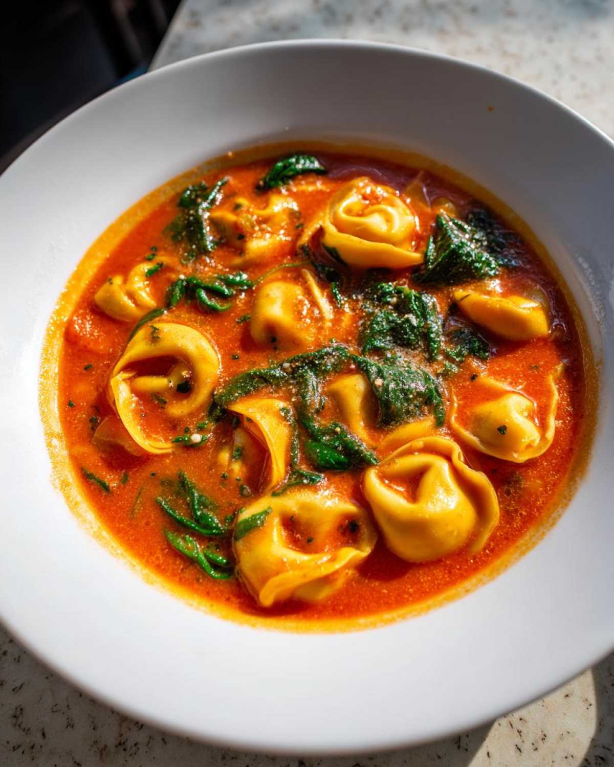 Close-up of a white bowl filled with rich Creamy Tomato Tortellini Soup, featuring cheese tortellini and wilted spinach.