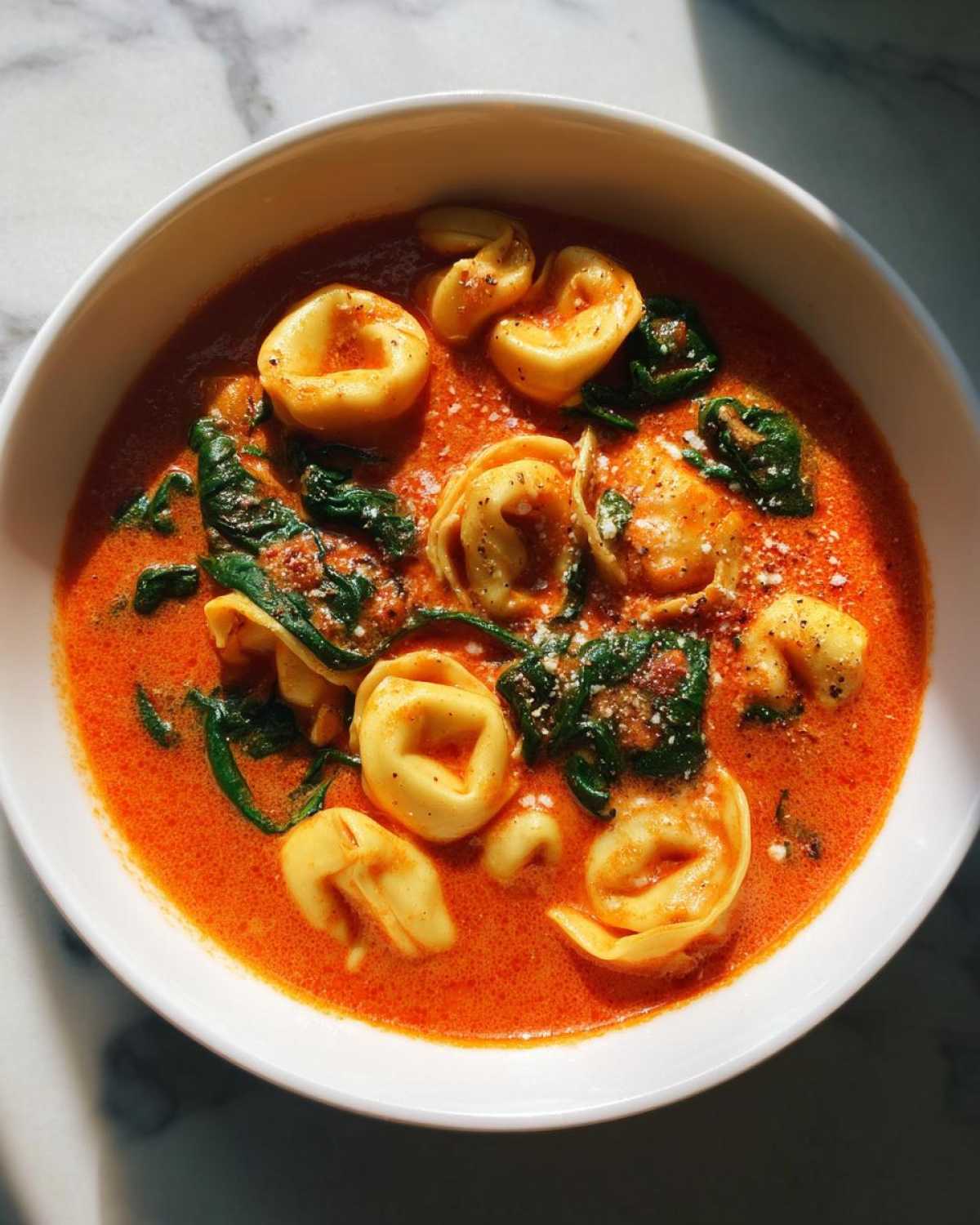Close-up overhead view of a white bowl filled with Creamy Tomato Tortellini Soup, featuring tortellini, wilted spinach, and grated cheese.