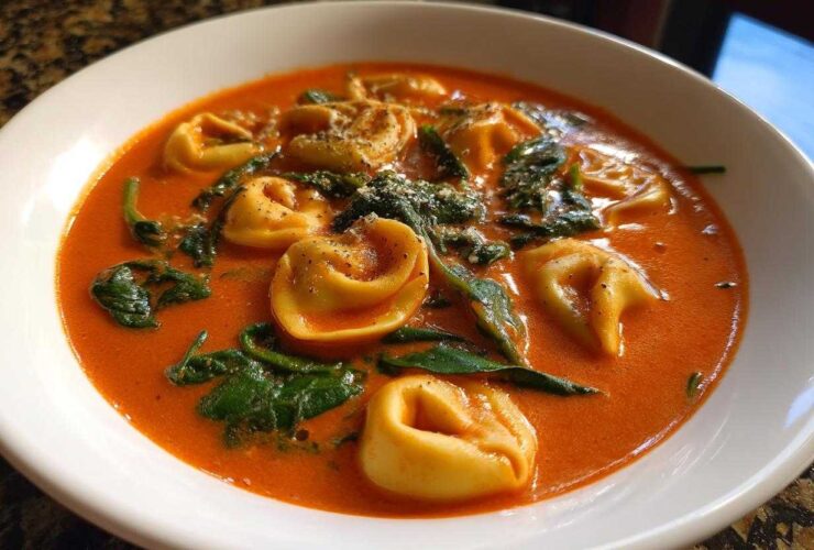 A close-up of a white bowl filled with rich, orange Creamy Tomato Tortellini Soup, featuring tortellini and wilted spinach.