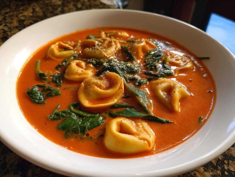 A close-up of a white bowl filled with rich, orange Creamy Tomato Tortellini Soup, featuring tortellini and wilted spinach.