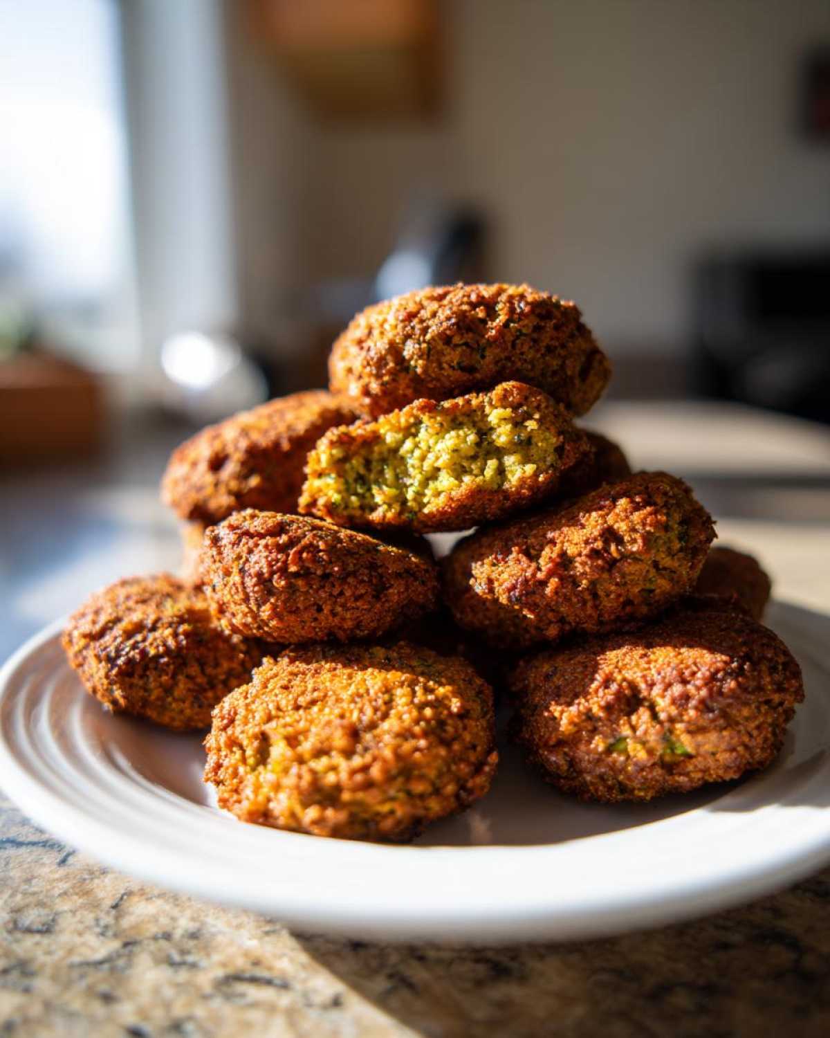 A stack of golden brown, crispy air fryer falafel piled on a white plate, with one falafel broken open showing the green interior.