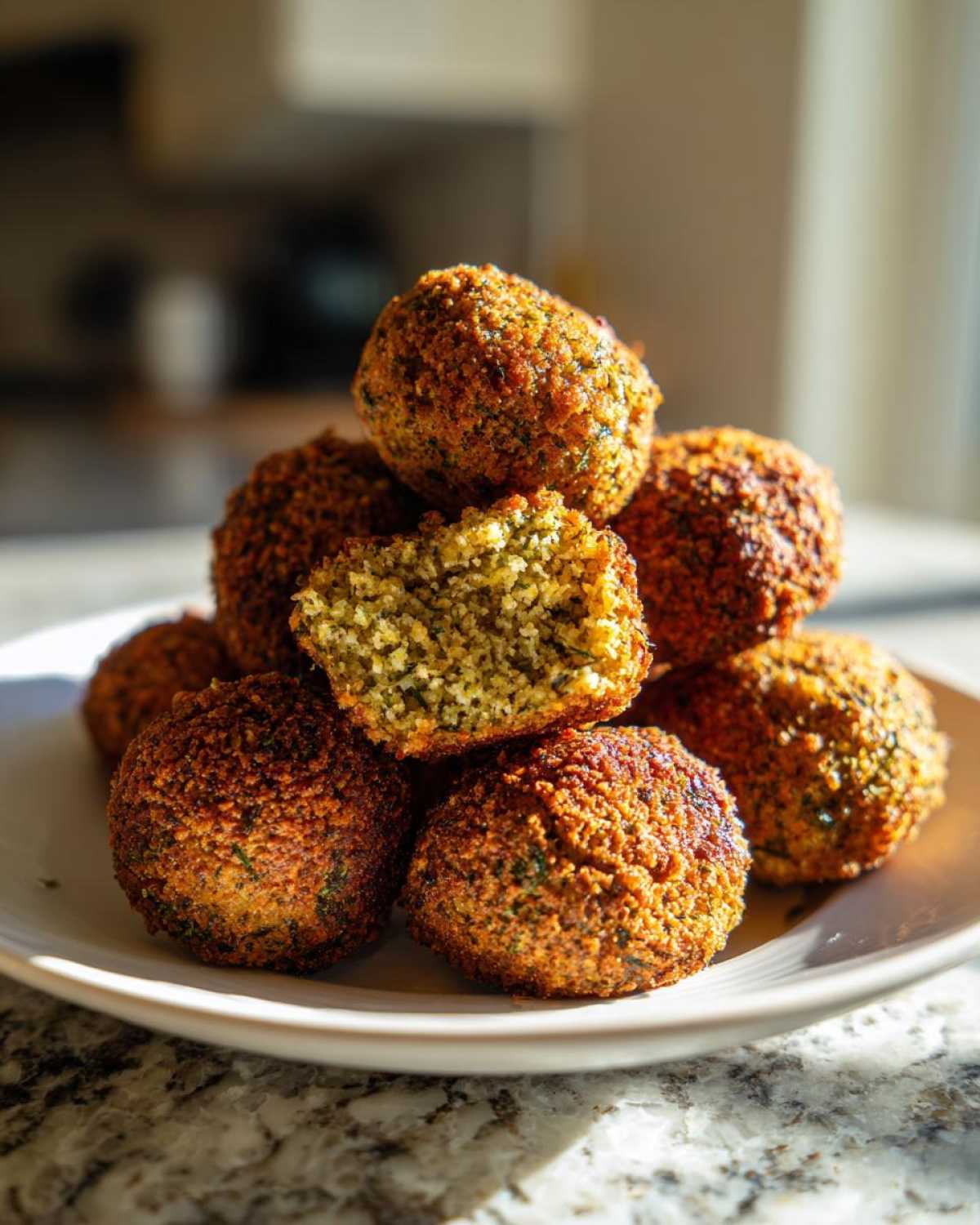 A stack of golden brown, crispy air fryer falafel, with one piece broken open showing the green interior.