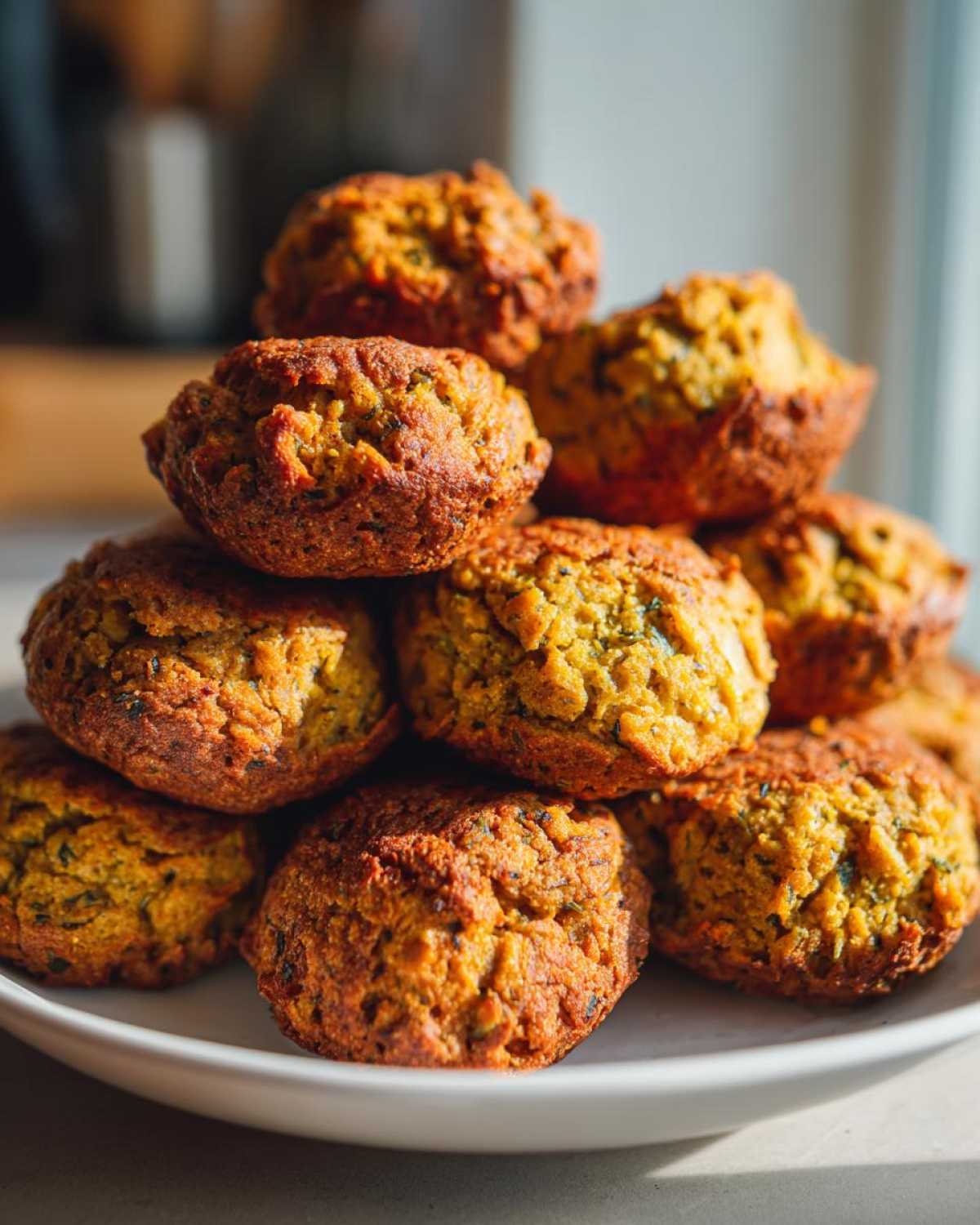 A close-up stack of golden brown and crispy air fryer falafel piled high on a white plate.