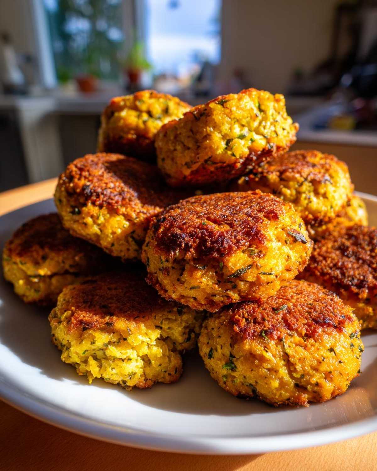 A close-up stack of golden brown, crispy air fryer falafel piled high on a white plate.