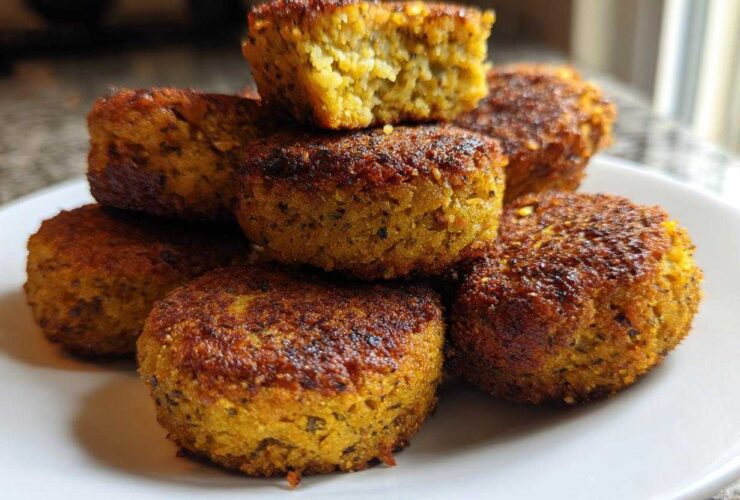 A stack of golden brown, crispy air fryer falafel on a white plate, showing the texture inside one broken piece.