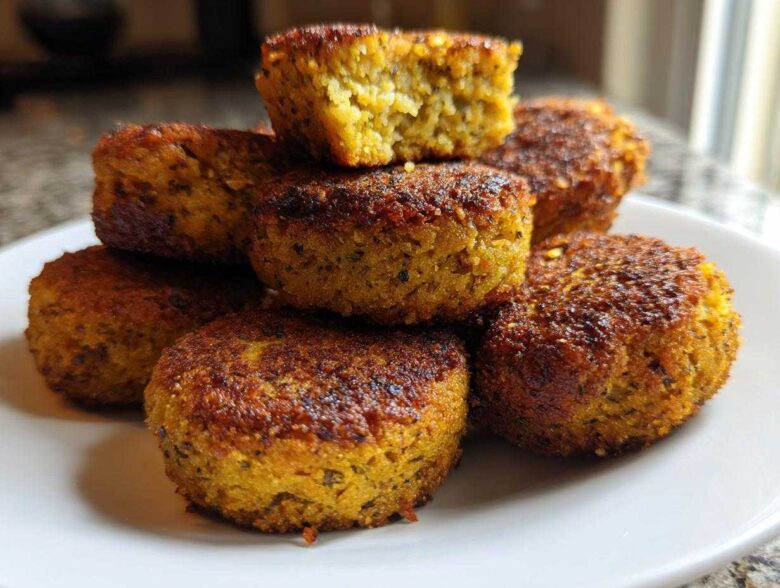 A stack of golden brown, crispy air fryer falafel on a white plate, showing the texture inside one broken piece.