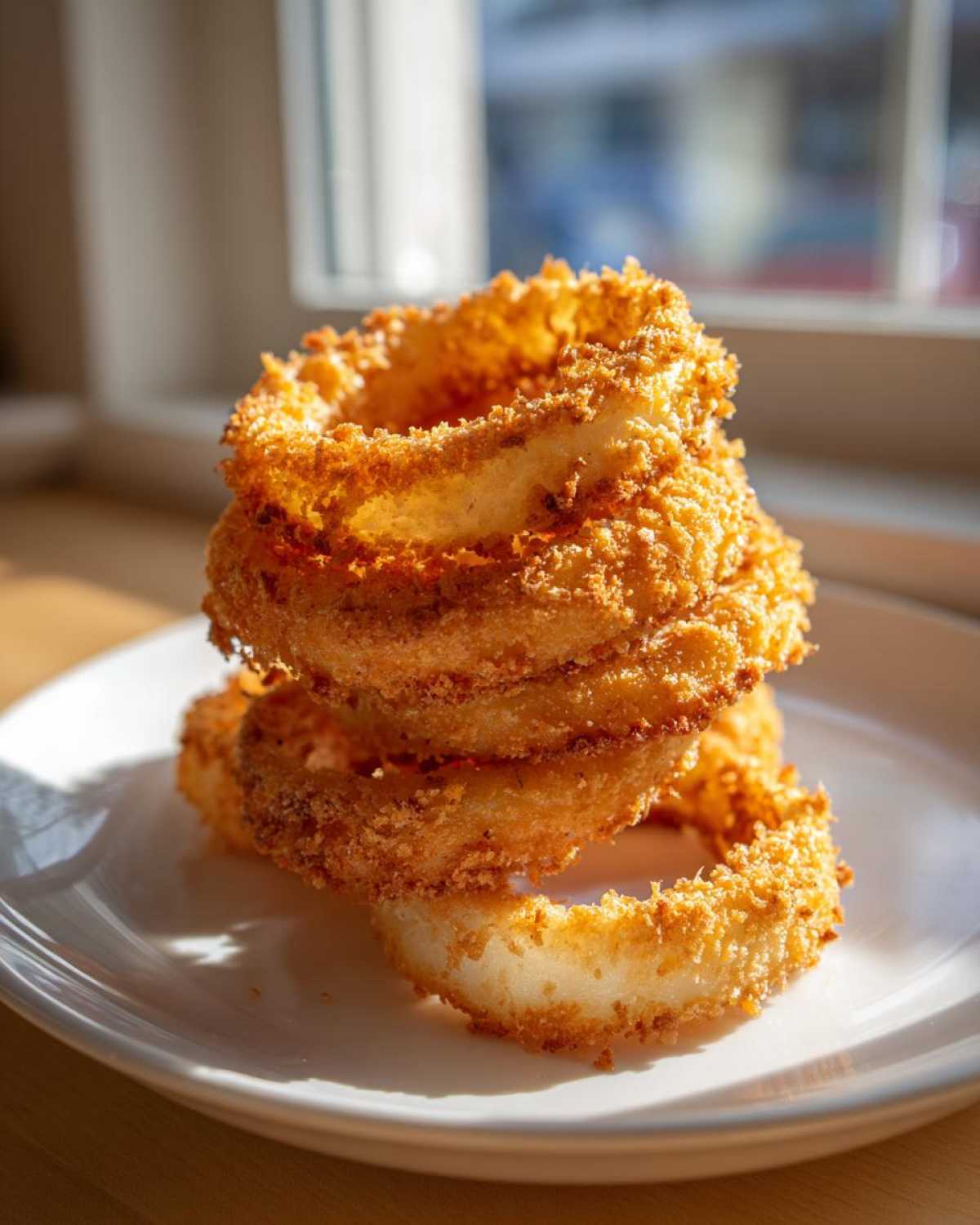 A stack of golden brown, crispy Air Fryer Onion Rings served on a small white plate.